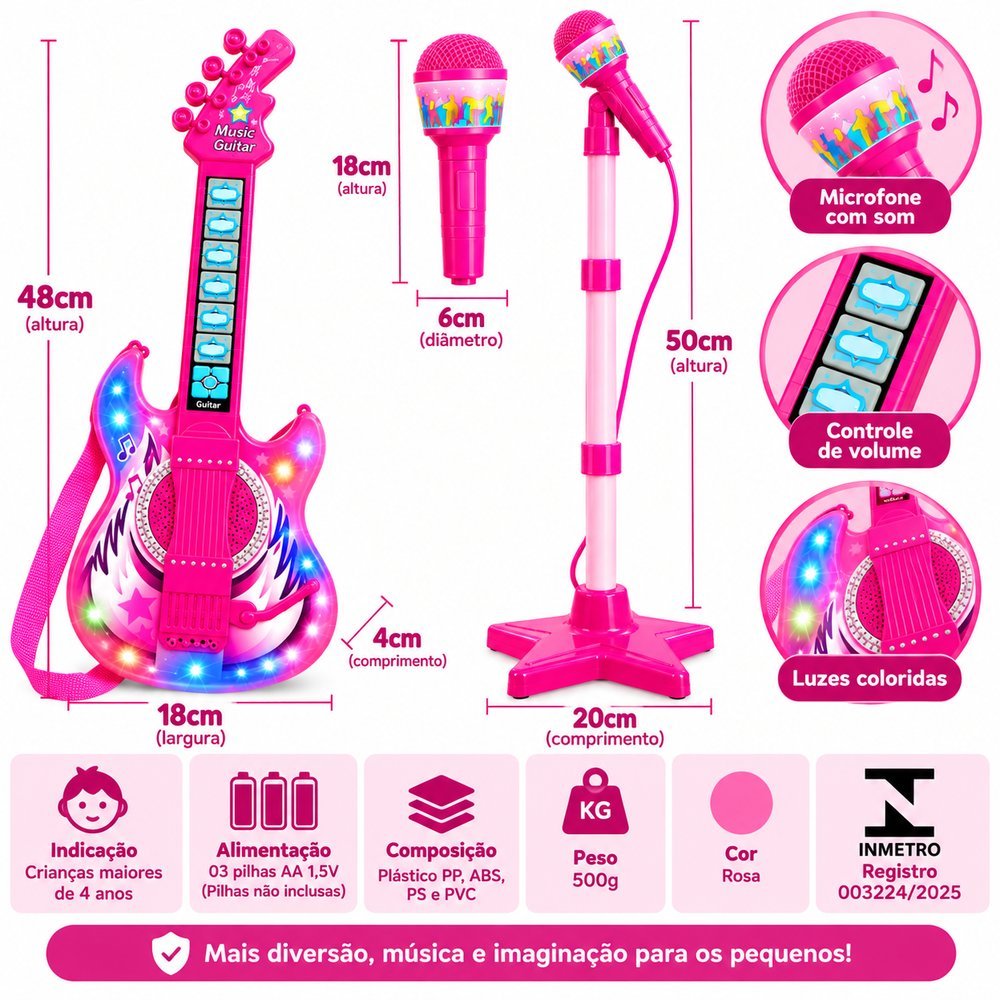 Guitarra Infantil 50cm com Microfone e Pedestal Karaokê MP3 - Rosa