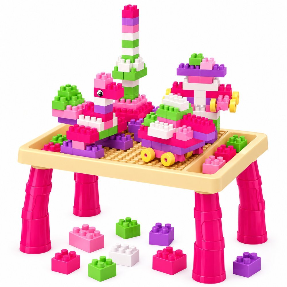 Mesa Didática Infantil com 100 Peças Blocos de Montar e Figurinhas - Rosa