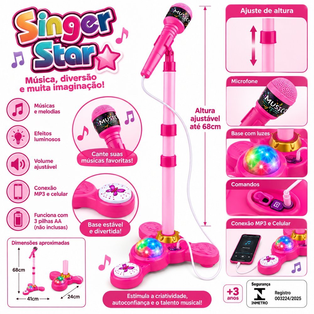 Microfone Infantil com Pedestal Karaokê MP3 - Rosa