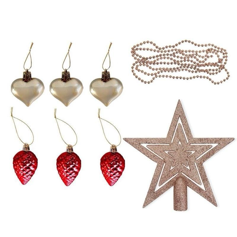 Kit Enfeites de Natal Completo Bolas Estrela Dourado e Vermelho Conjunto Com 40 Peças Variadas