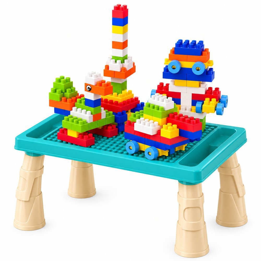 Mesa Didática Infantil com 100 Peças Blocos de Montar e Figurinhas - Verde Água