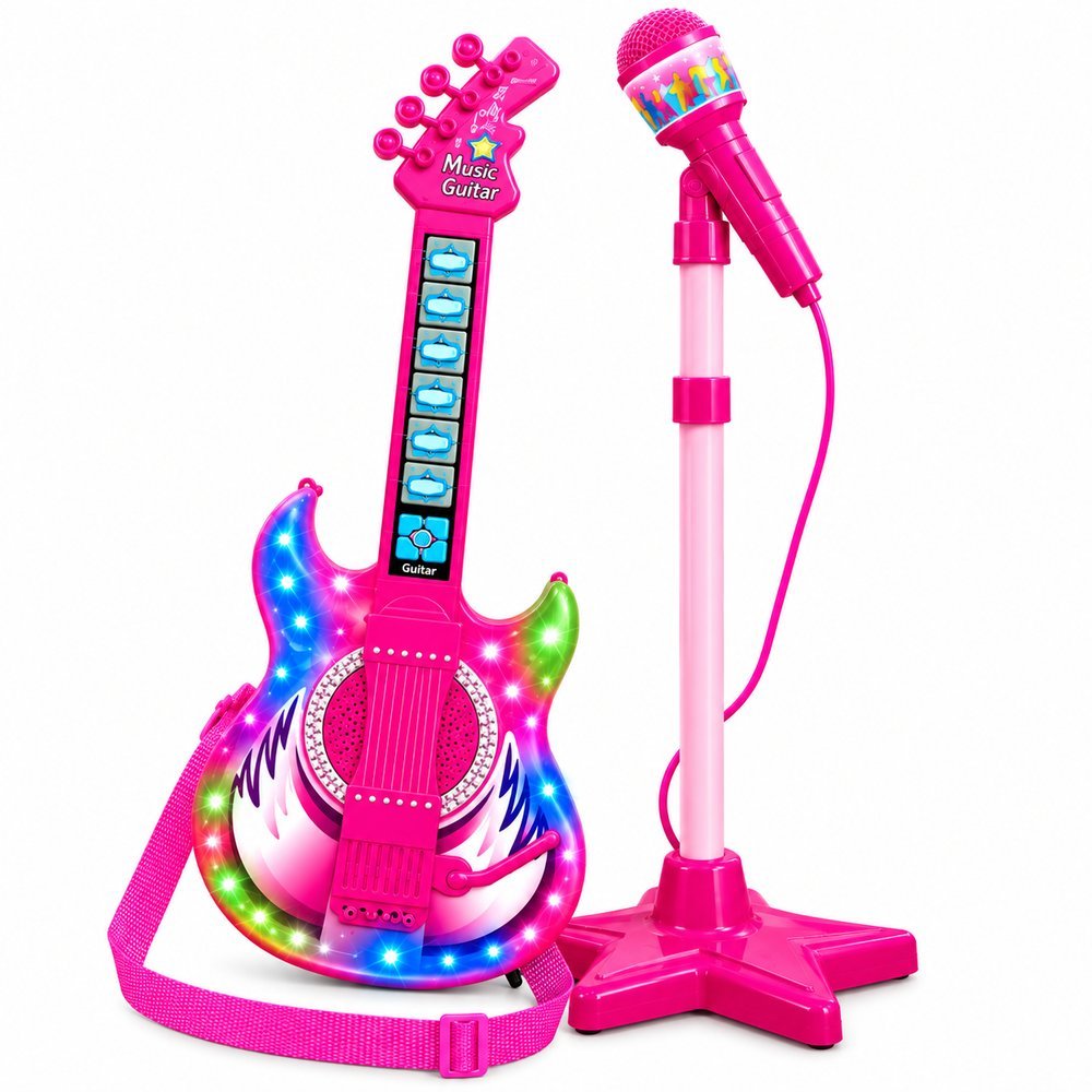 Guitarra Infantil 50cm com Microfone e Pedestal Karaokê MP3 - Rosa