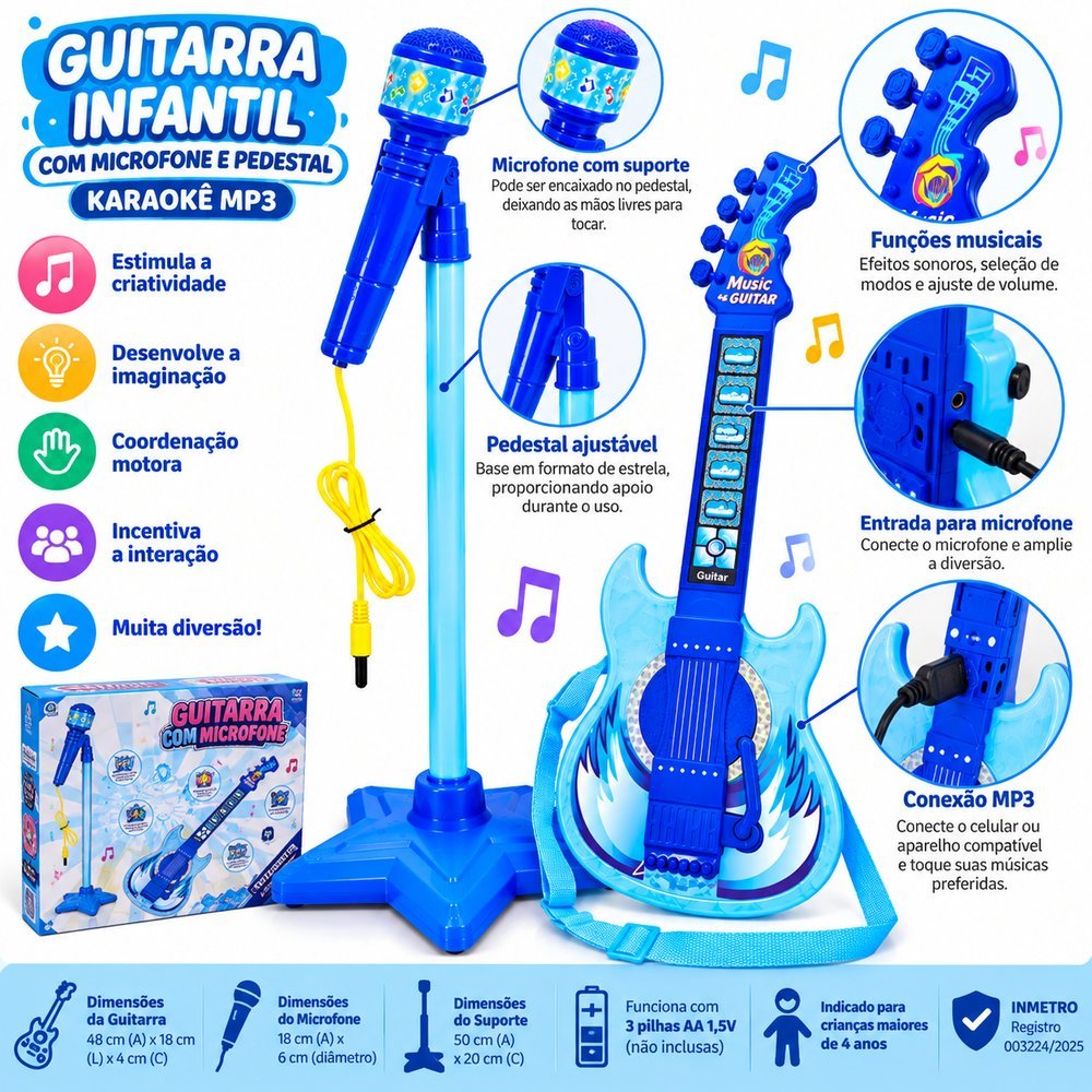 Guitarra Infantil 50cm com Microfone e Pedestal Karaokê MP3 - Azul