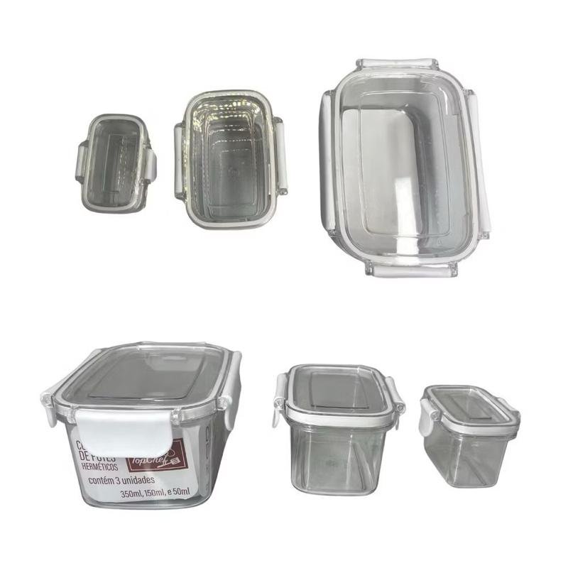 Kit Conjunto 3 Potes 50ml 150ml 350ml / 60ml 160ml 380ml Hermético Retangular Porta Mantimentos Alimentos Cozinha