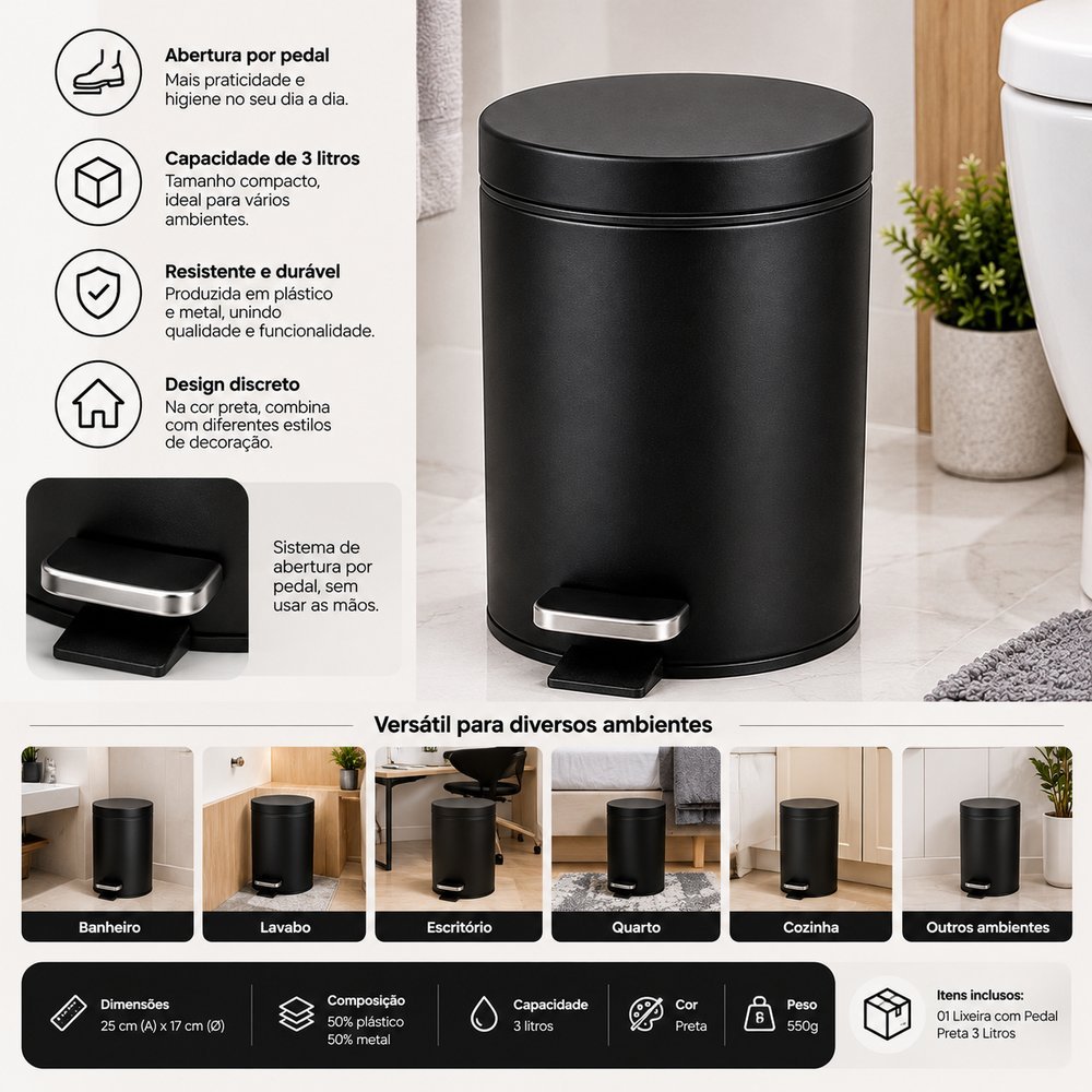 Lixeira com Pedal 3 Litros - Preta