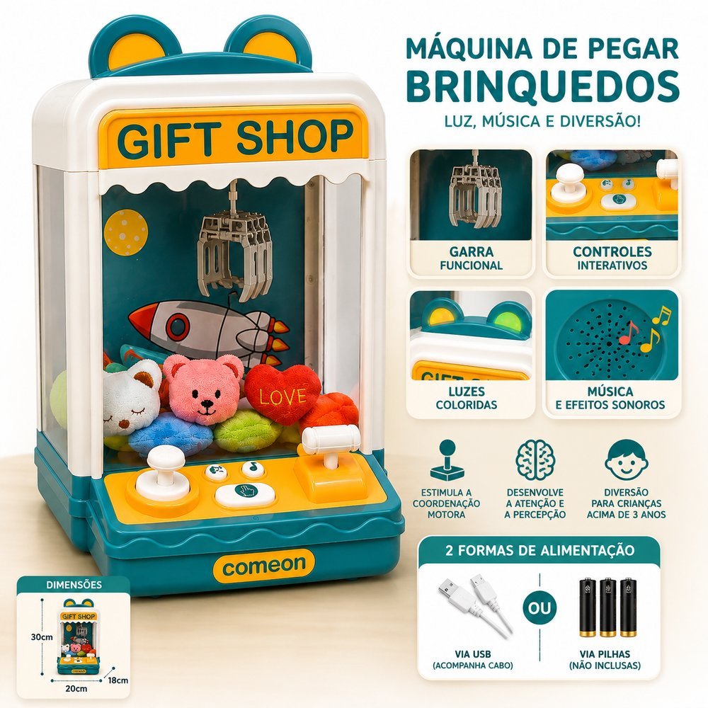 Máquina de Pegar Brinquedos Garra Infantil com Luz e Música - verde
