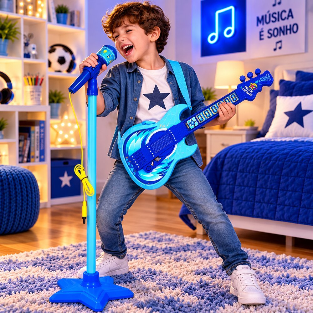 Guitarra Infantil 50cm com Microfone e Pedestal Karaokê MP3 - Azul