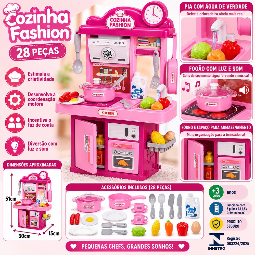 Cozinha Infantil 28 Peças com Pia, Luz e Som - Rosa