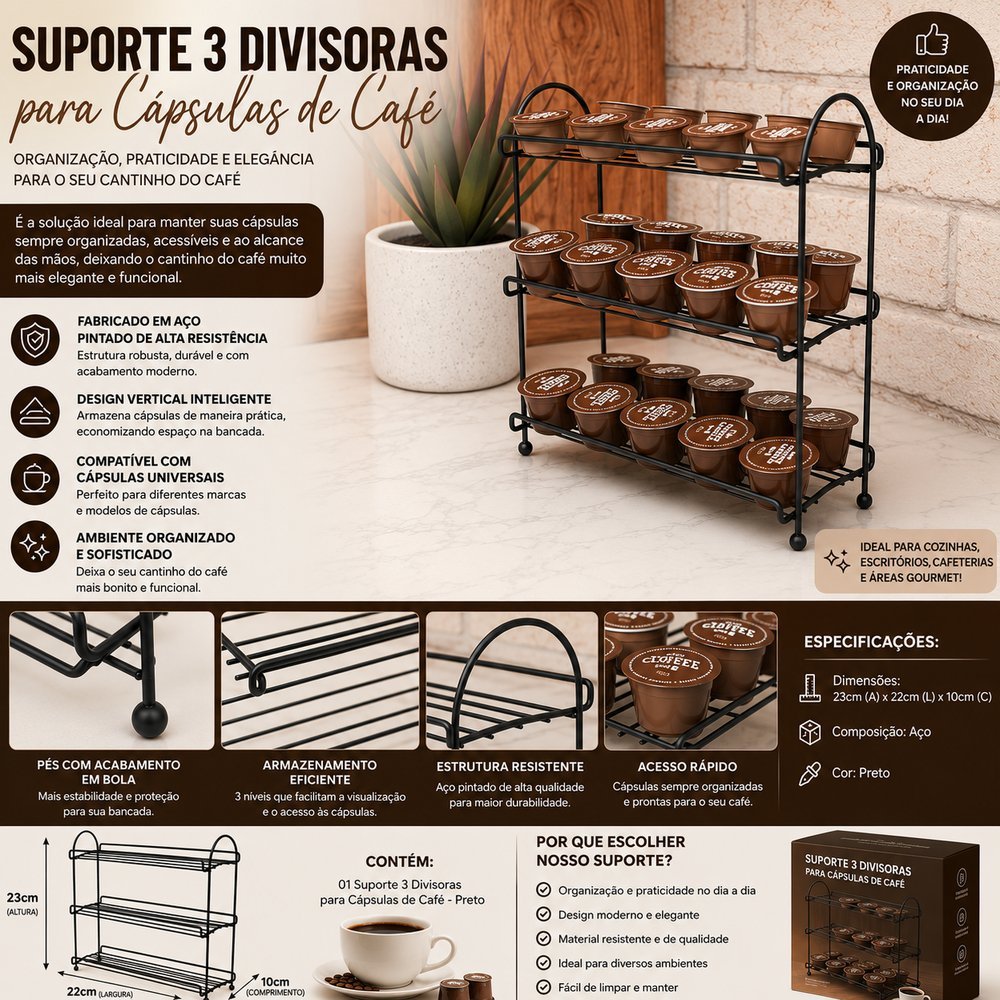Suporte 3 Divisoras para Cápsulas de Café -Preto
