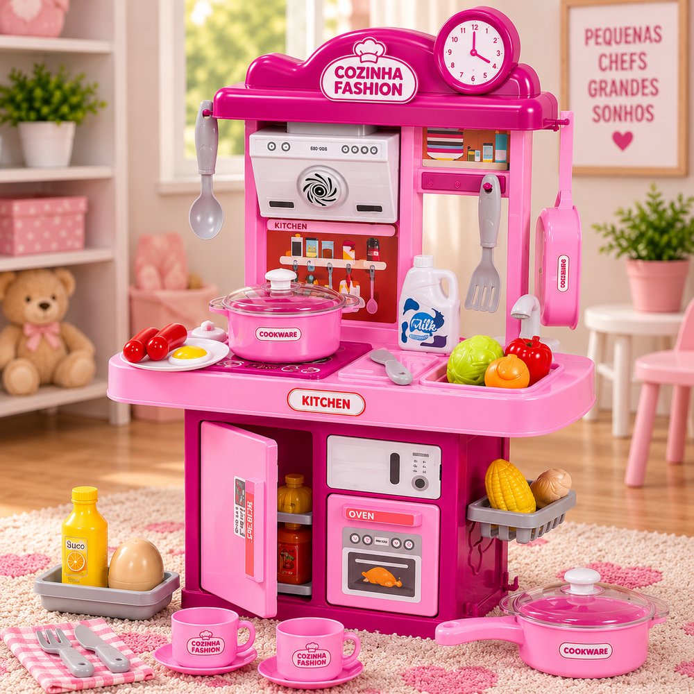 Cozinha Infantil 28 Peças com Pia, Luz e Som - Rosa