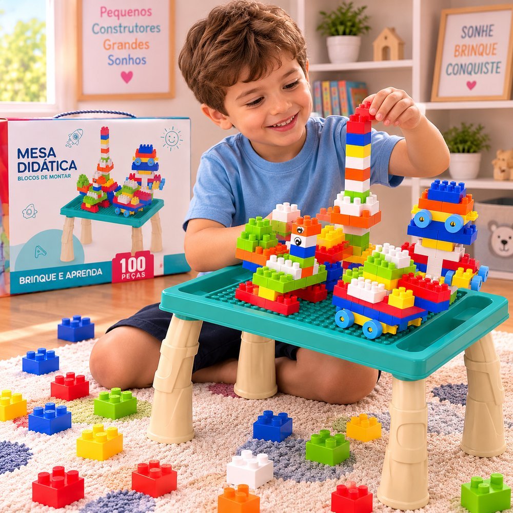 Mesa Didática Infantil com 100 Peças Blocos de Montar e Figurinhas - Verde Água