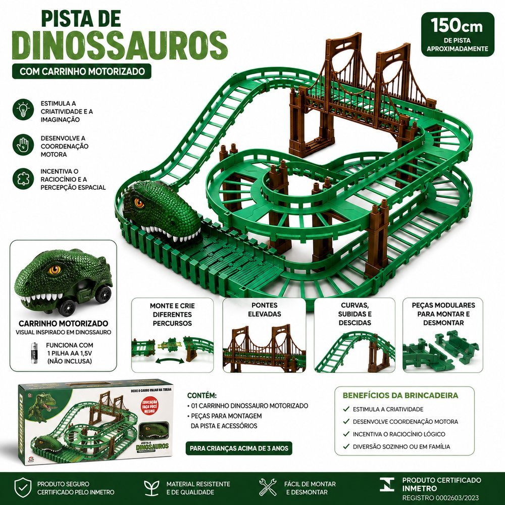 Pista Infantil de Dinossauros  com Carrinho Motorizados - Verde