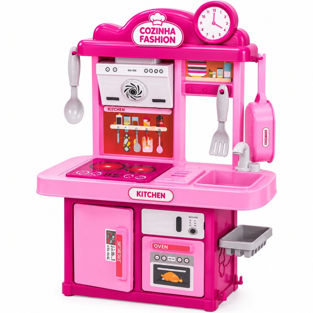 Cozinha Infantil 28 Peças com Pia, Luz e Som - Rosa