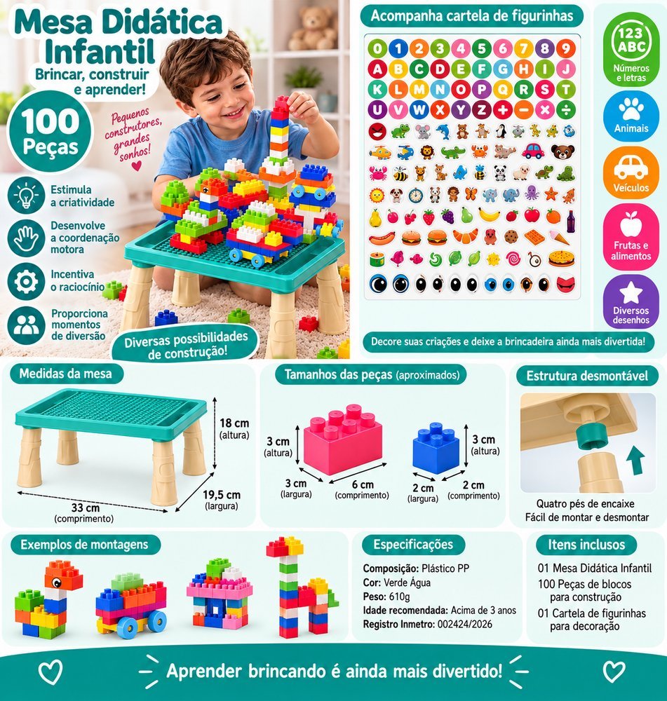 Mesa Didática Infantil com 100 Peças Blocos de Montar e Figurinhas - Verde Água