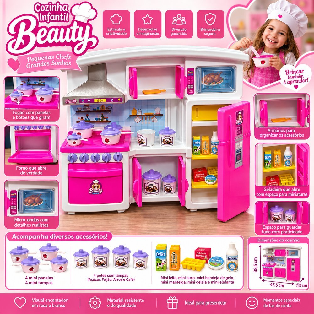 Cozinha Infantil  com Panelas Potes e Mini Alimentos - Rosa