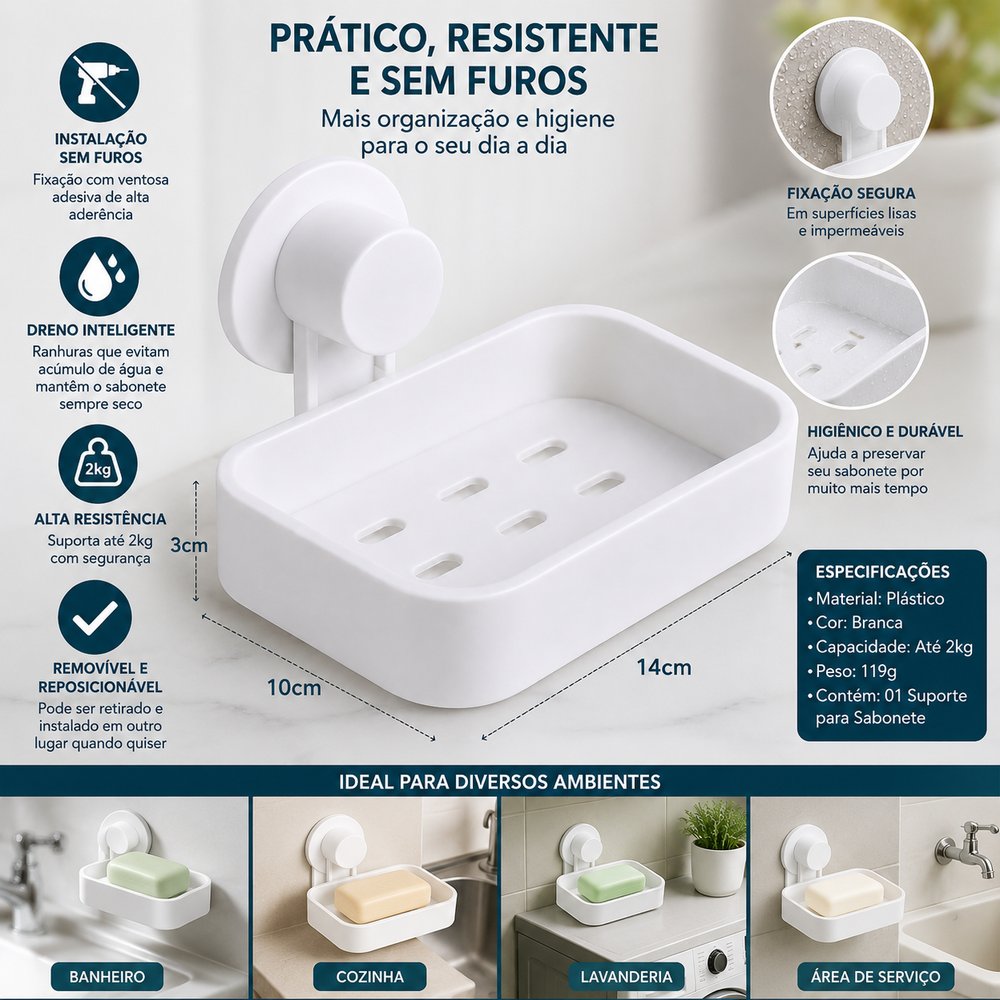 Suporte Para Sabonete com Ventosa Adesiva - Branca
