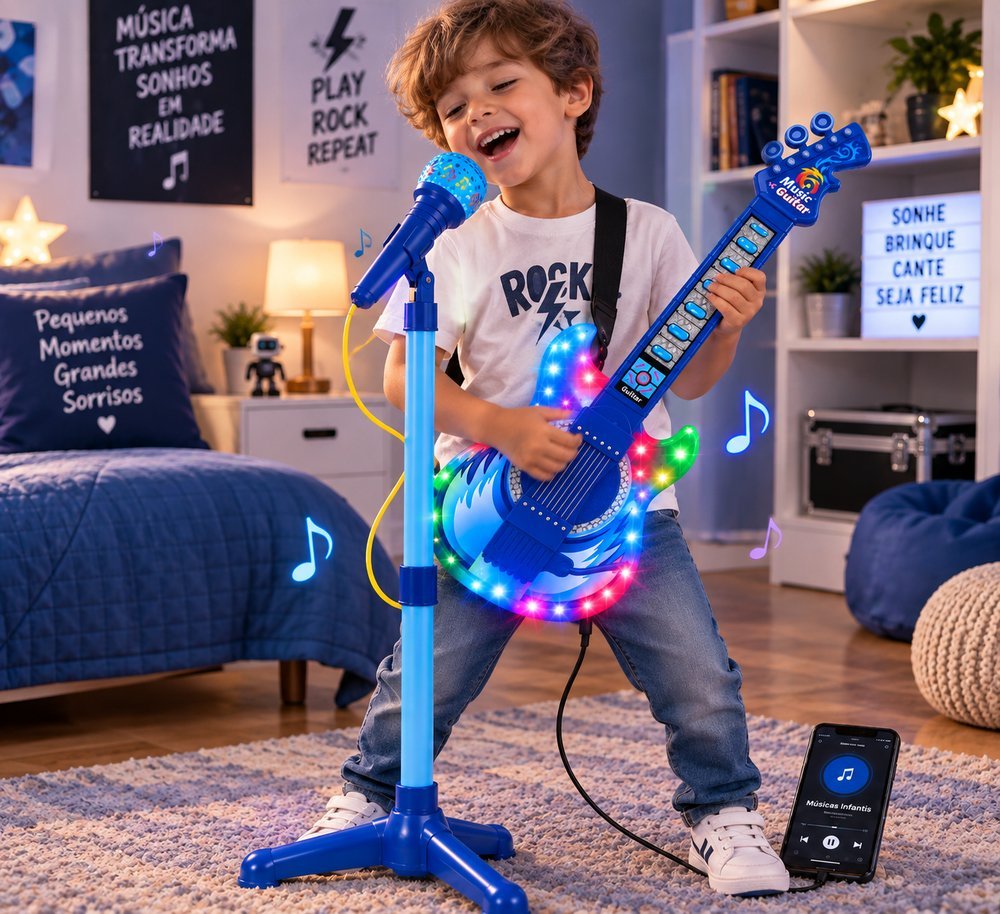 Guitarra Infantil com Microfone e Pedestal Karaokê MP3 - Azul