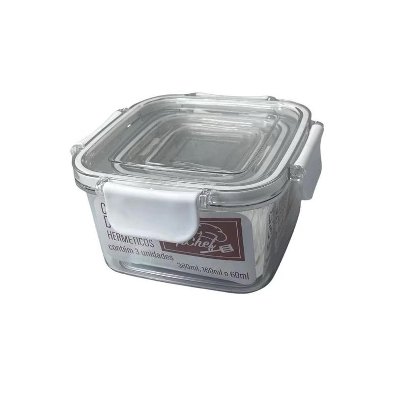 Kit Conjunto 3 Potes 50ml 150ml 350ml / 60ml 160ml 380ml Hermético Retangular Porta Mantimentos Alimentos Cozinha