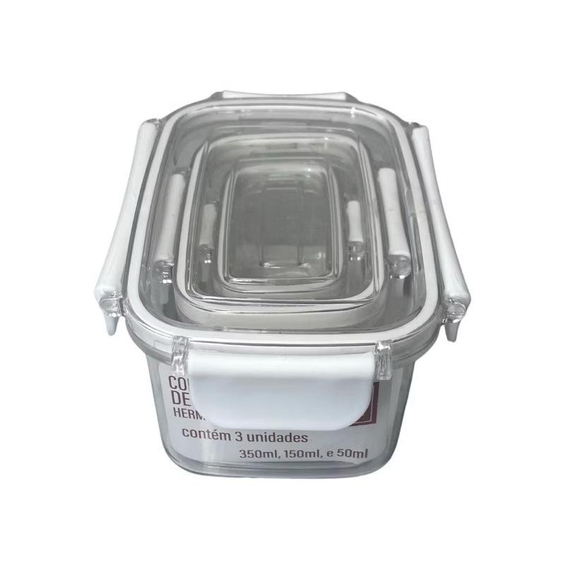 Kit Conjunto 3 Potes 50ml 150ml 350ml / 60ml 160ml 380ml Hermético Retangular Porta Mantimentos Alimentos Cozinha