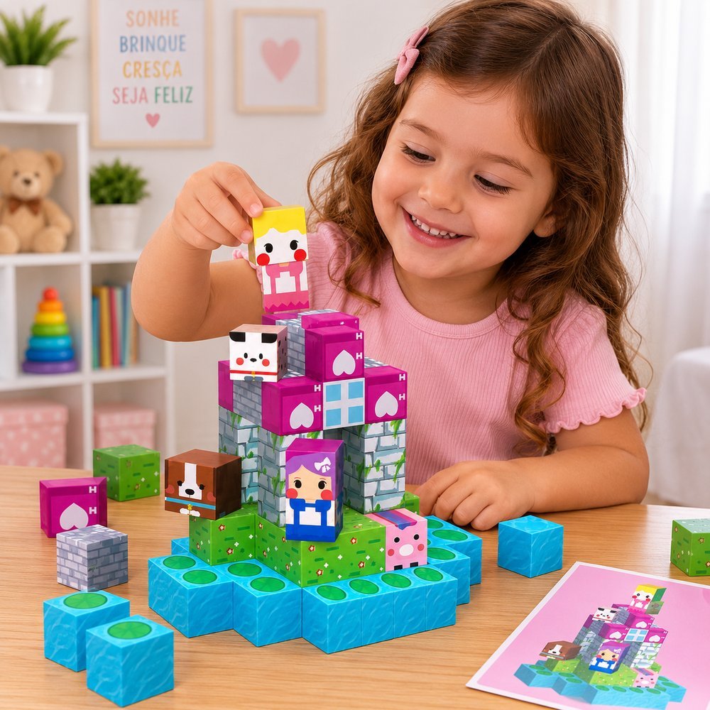 Kit Bloco Magnético Infantil com 60 Peças - Rosa