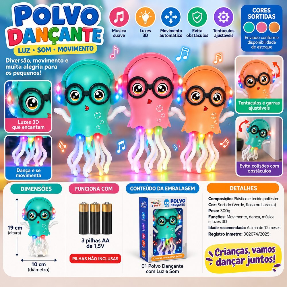 Polvo Dançante Infantil com Luz Som Música e Movimento