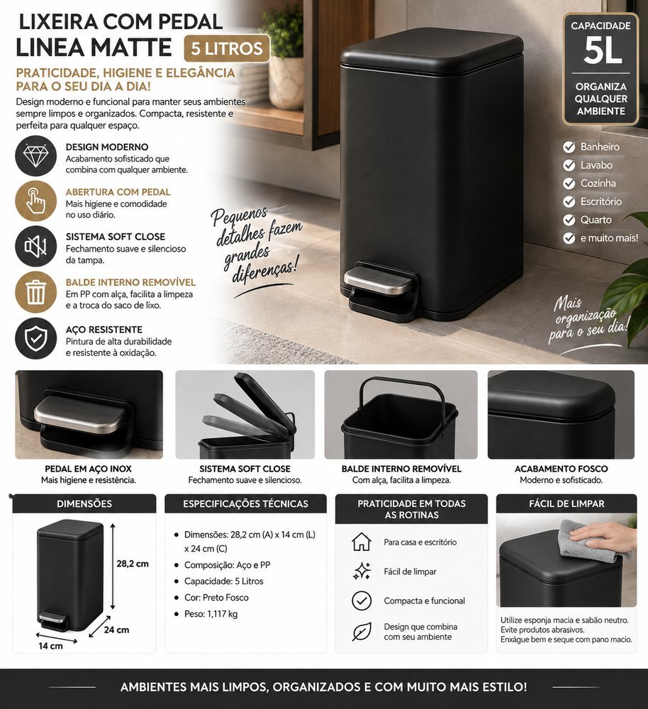 Lixeira com Pedal Linea Matte 5 Litros - Preto Fosco