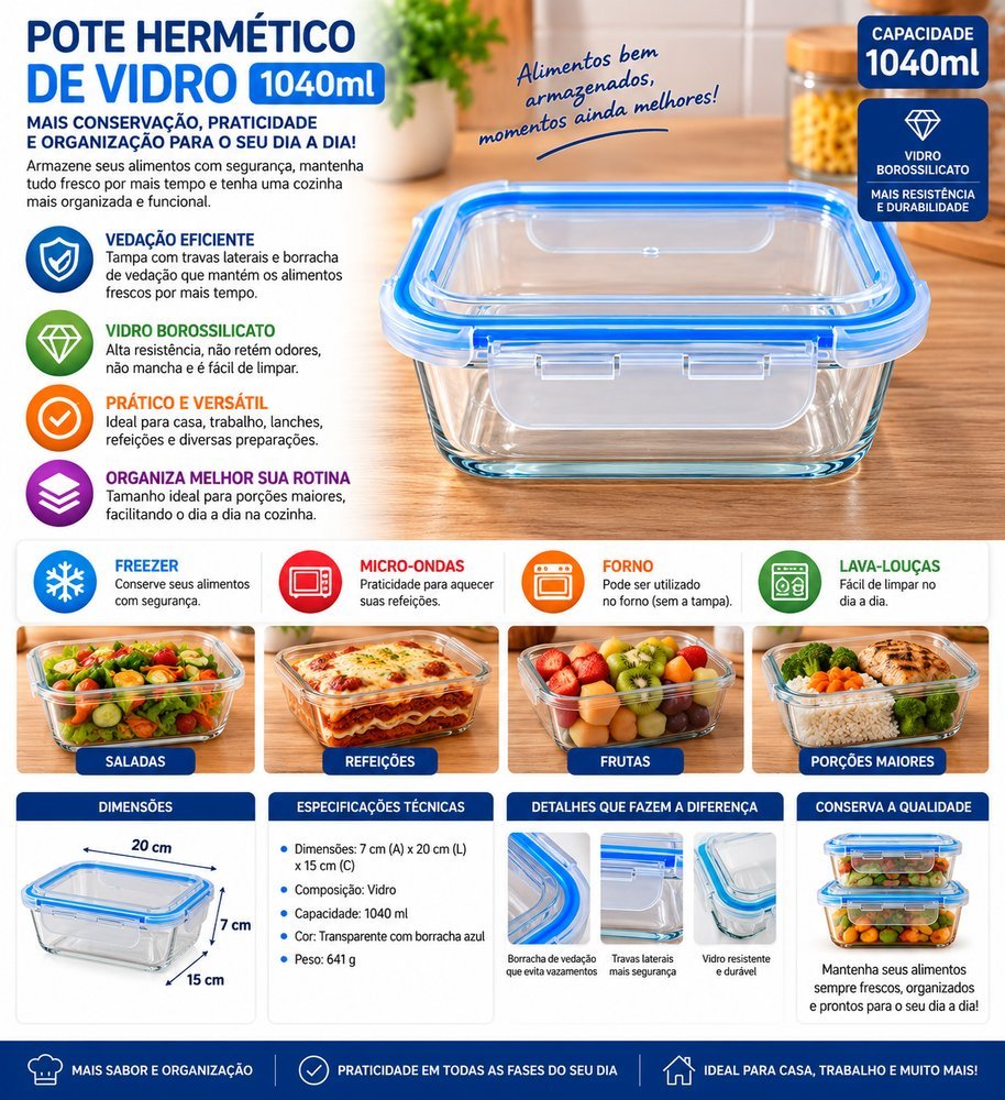 Pote Hermético Retangular de Vidro 1040ml