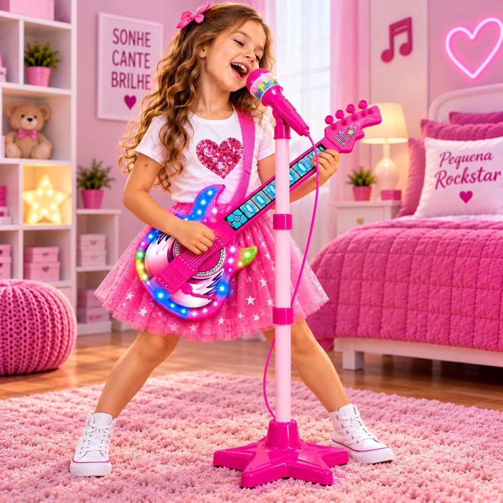 Guitarra Infantil 50cm com Microfone e Pedestal Karaokê MP3 - Rosa