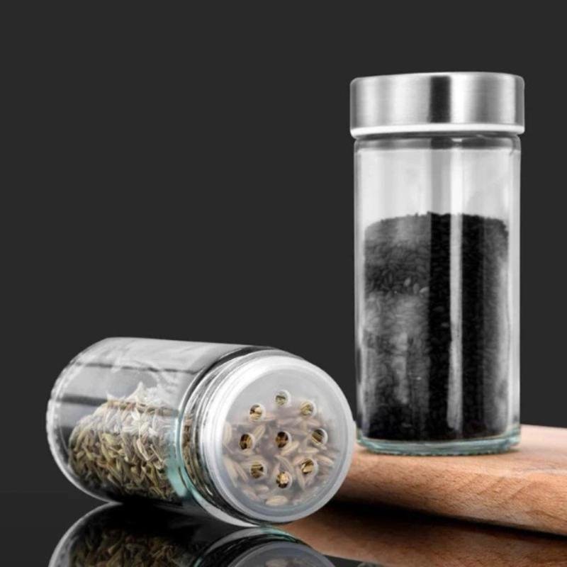 Conjunto Porta Temperos Jogo De 16 Potes de Armazenar Condimentos Vidro 80ml Peneira Dosadora Integrada - Inox