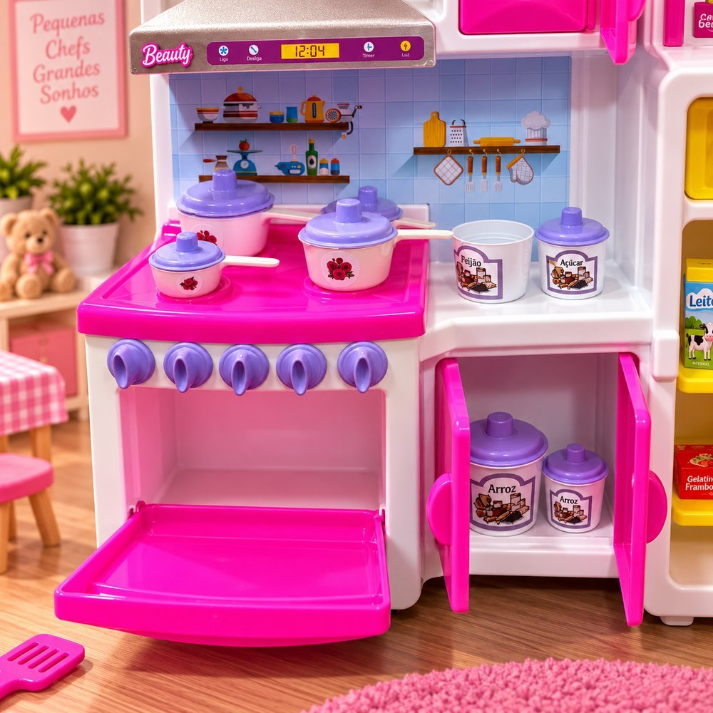 Cozinha Infantil  com Panelas Potes e Mini Alimentos - Rosa