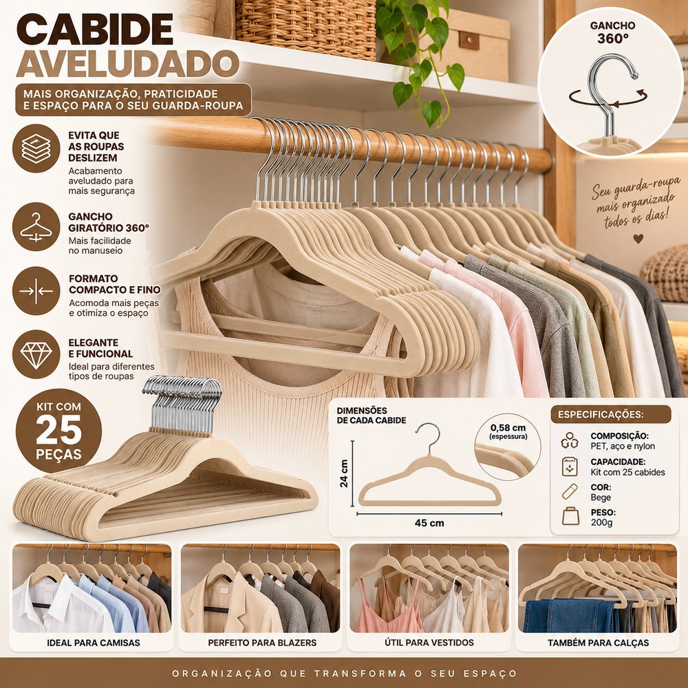 Kit com 25 Cabides Aveludados com Gancho 360° - Bege