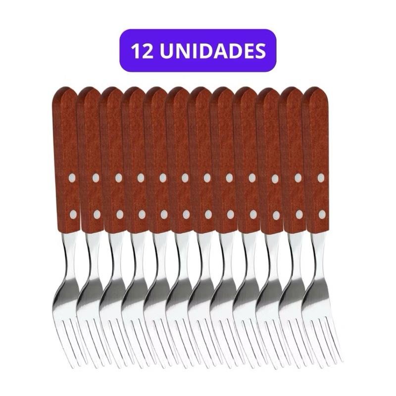 Kit 12 Colheres Garfos ou Facas Inox Cabos de Madeira Talheres Cor:Kit 12 garfos madeira