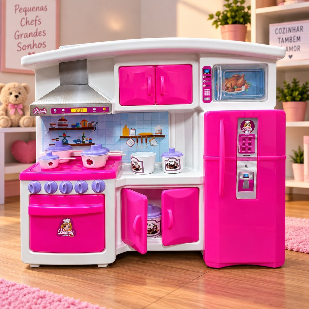 Cozinha Infantil  com Panelas Potes e Mini Alimentos - Rosa