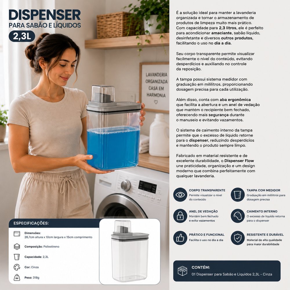 Dispenser para Sabão e Liquidos 2,3L - Cinza