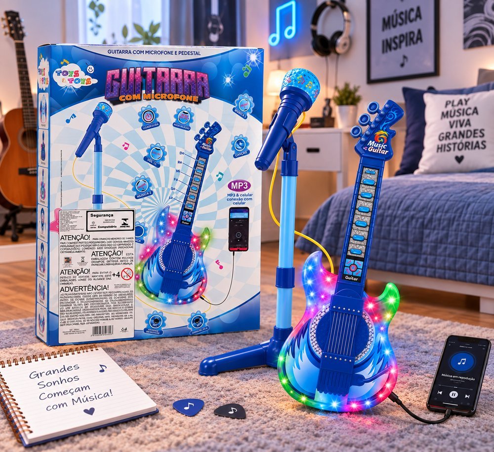 Guitarra Infantil com Microfone e Pedestal Karaokê MP3 - Azul