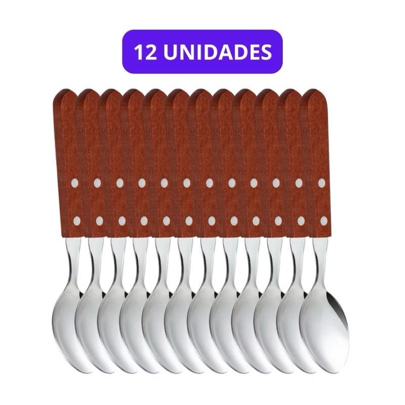 Kit 12 Colheres Garfos ou Facas Inox Cabos de Madeira Talheres