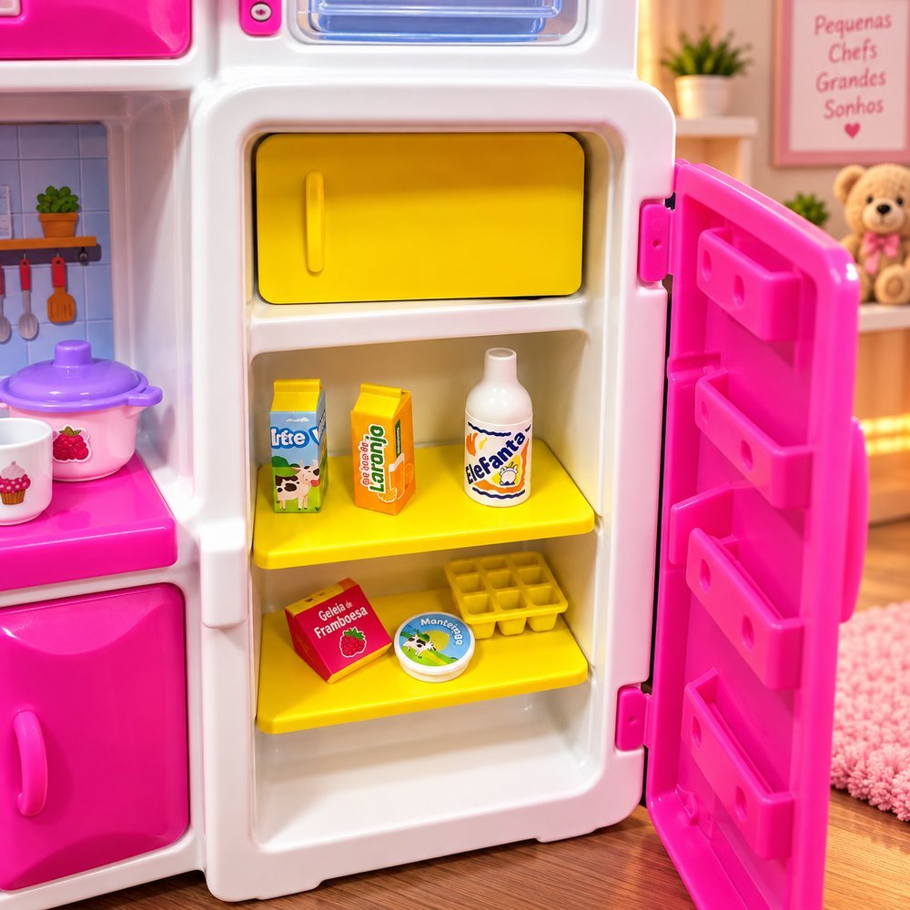 Cozinha Infantil  com Panelas Potes e Mini Alimentos - Rosa