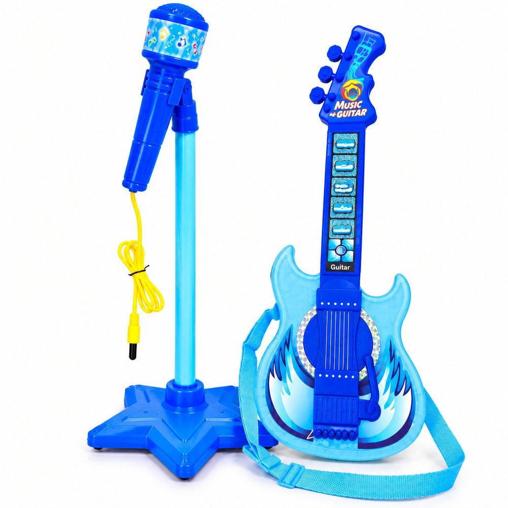 Guitarra Infantil 50cm com Microfone e Pedestal Karaokê MP3 - Azul