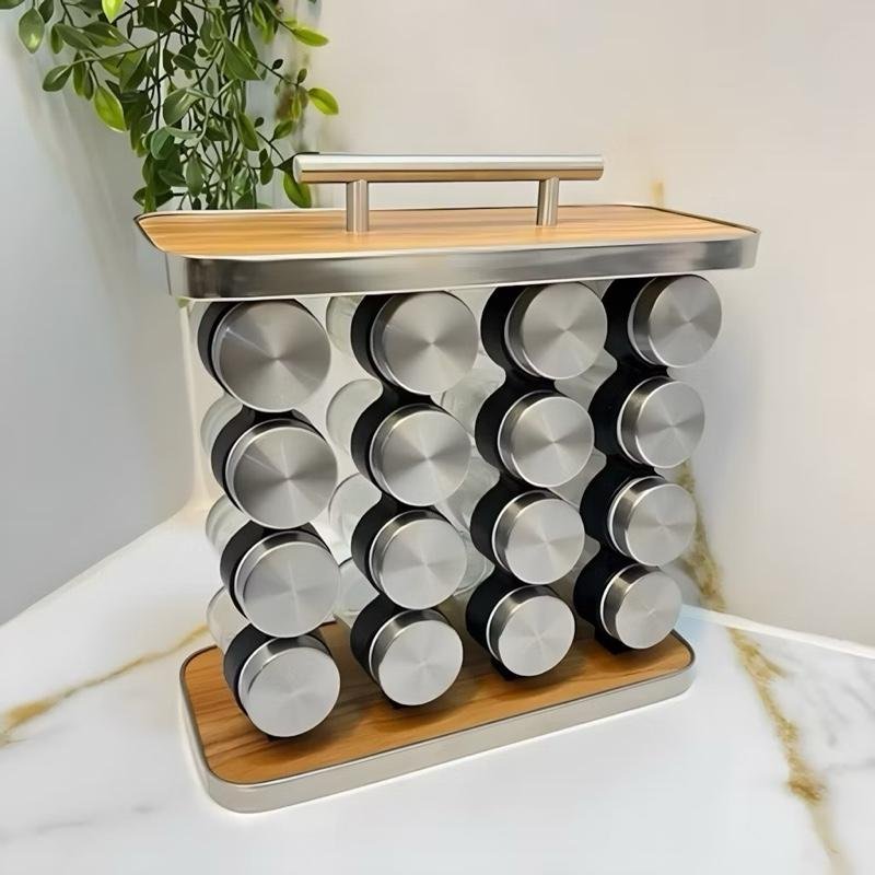 Conjunto Porta Temperos Jogo De 16 Potes de Armazenar Condimentos Vidro 80ml Peneira Dosadora Integrada - Inox