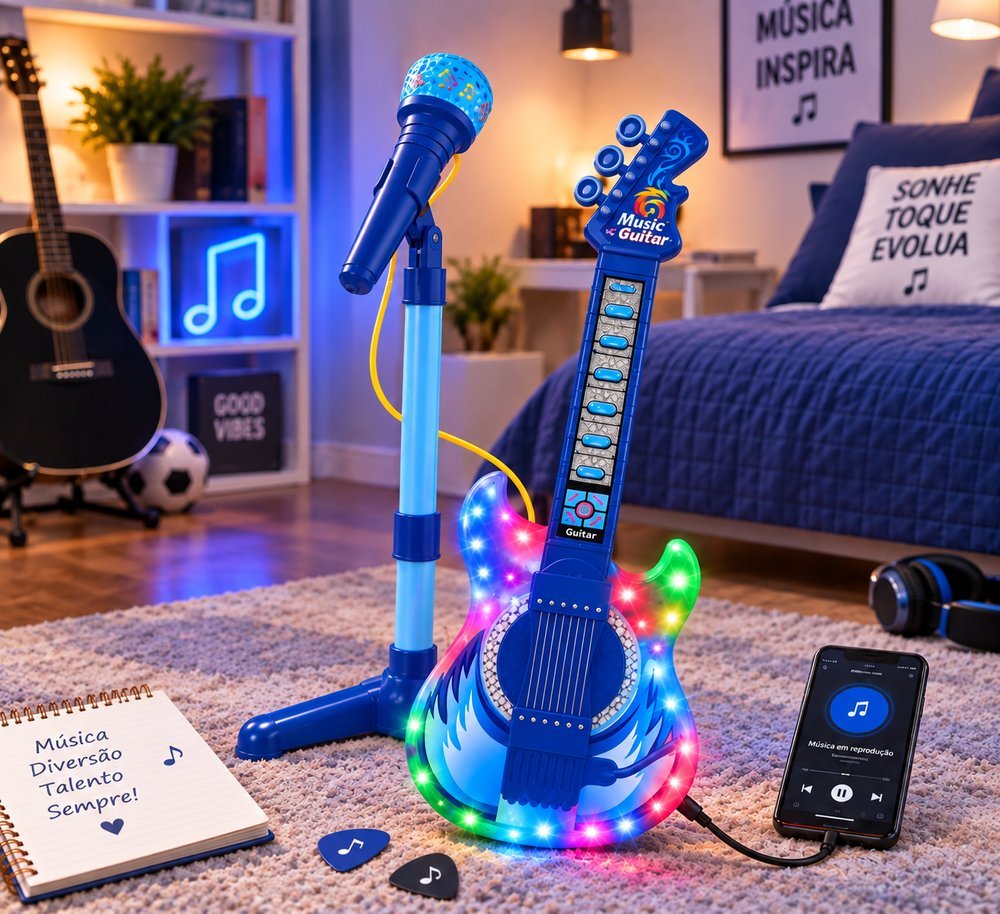 Guitarra Infantil com Microfone e Pedestal Karaokê MP3 - Azul