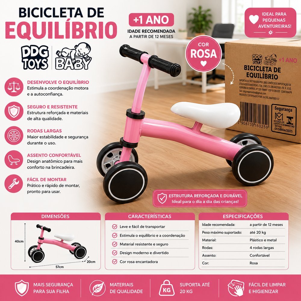 Bicicleta Infantil de equilíbrio - Rosa