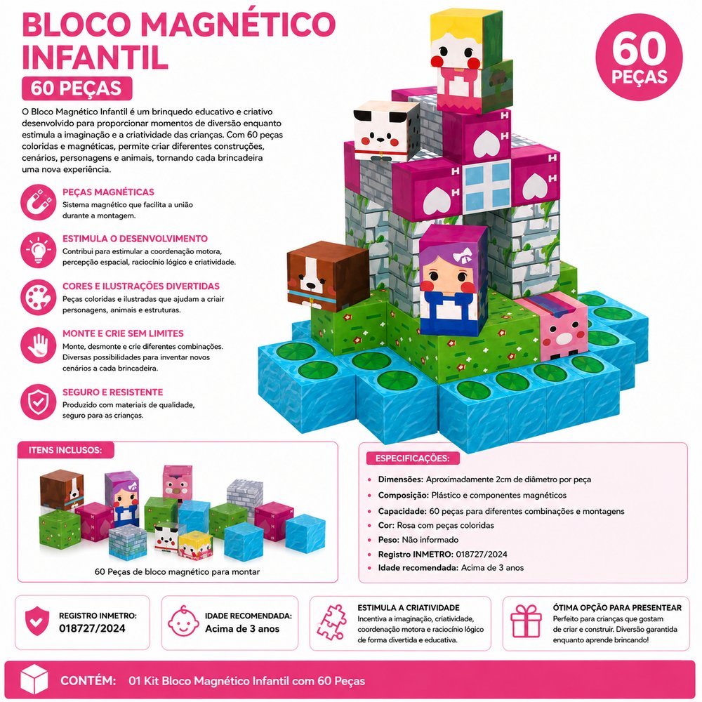 Kit Bloco Magnético Infantil com 60 Peças - Rosa