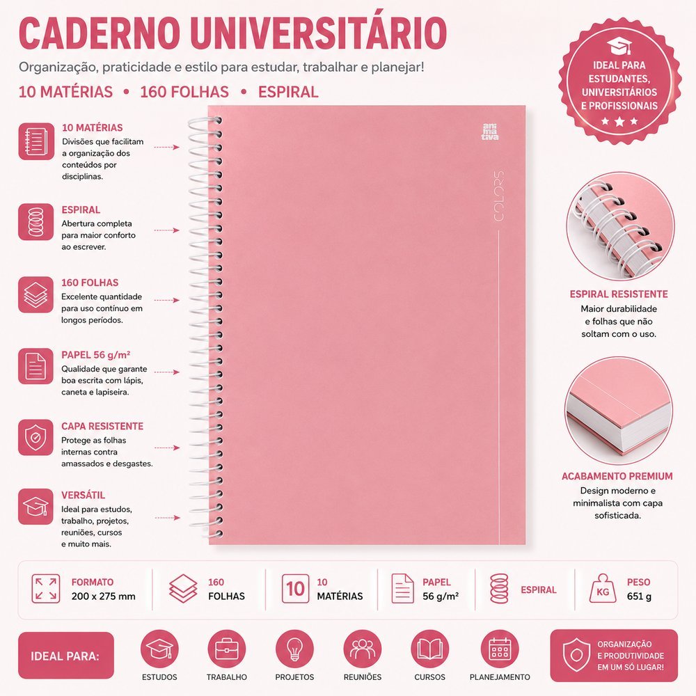 Caderno universitário Espiral 10 Matérias 160 Folhas - Rosa