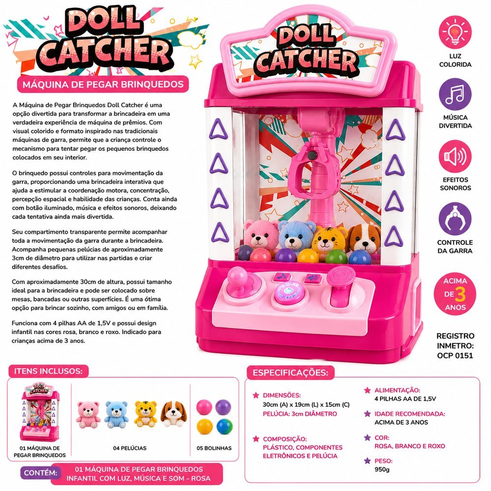 Máquina de Pegar Brinquedos Infantil com Luz, Música e Som - Rosa