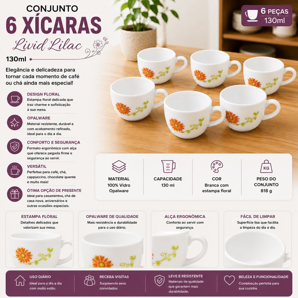 Conjunto 6 Xícaras Livid Lilac 130ml - Branca