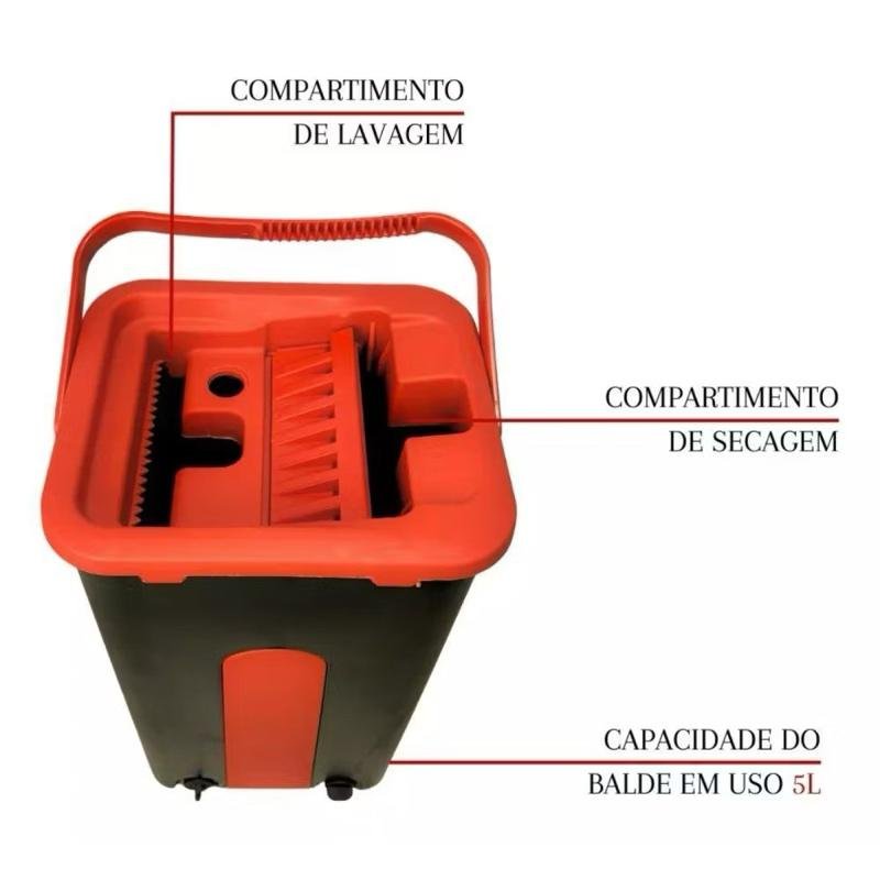 Flat Mop Rodo Lava e Seca com Balde e 1 Refil Microfibra Lavável Limpeza Rodo Mágico 5 Litros