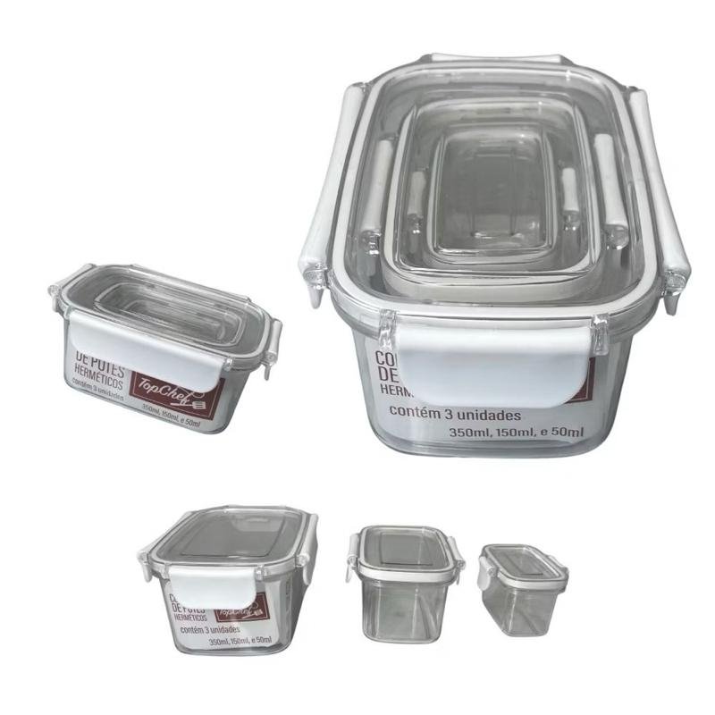 Kit Conjunto 3 Potes 50ml 150ml 350ml / 60ml 160ml 380ml Hermético Retangular Porta Mantimentos Alimentos Cozinha