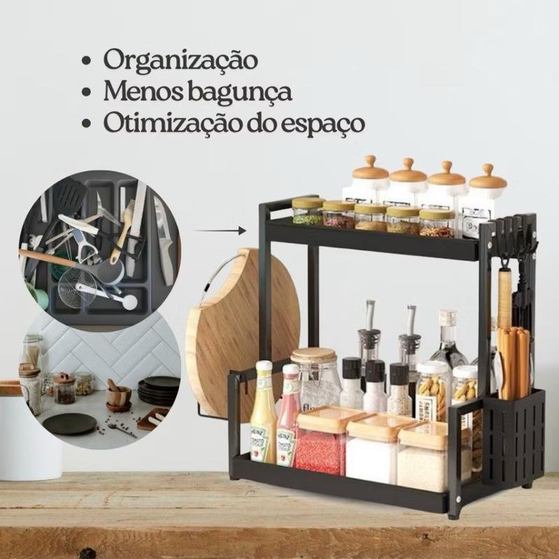 Organizador de Cozinha Multiuso de Metal com 2 Andares Prateleira Louças Empilhável Porta Talheres Suporte para Tábuas