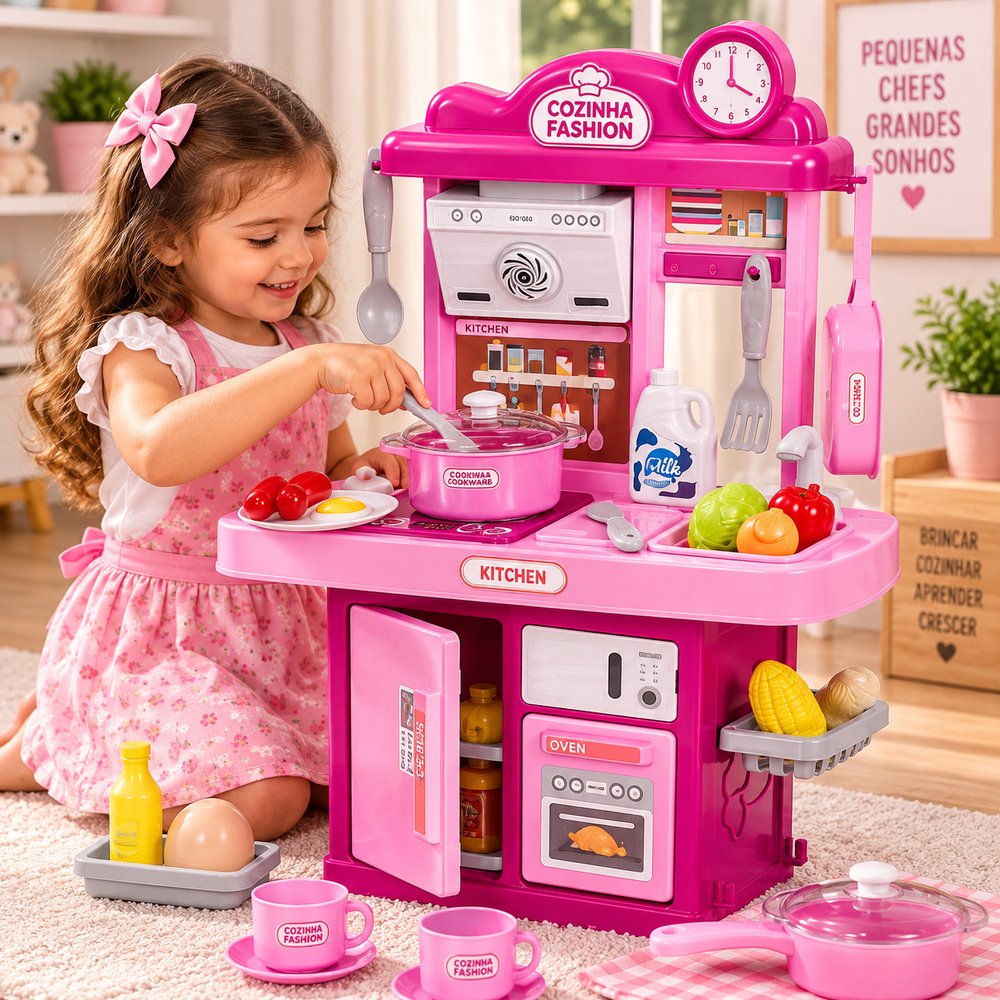 Cozinha Infantil 28 Peças com Pia, Luz e Som - Rosa