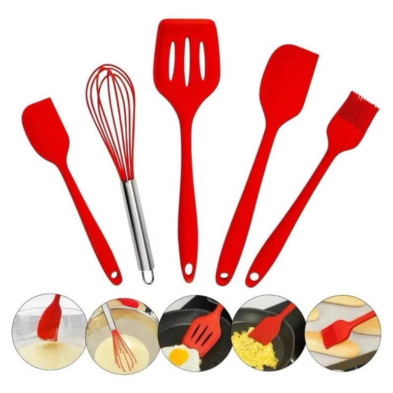 Kit 5 Peças Utensílios de Cozinha em Silicone Pincel Batedor de ovos Fuê Espátula Sortido